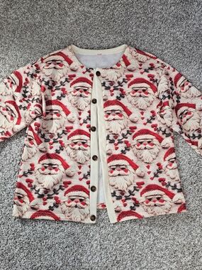 Women's Santa Print Button-Up Top in Red and Cream